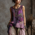 Vintage Purple Roses Lace Patchwork Linen Tank Top elevenforest