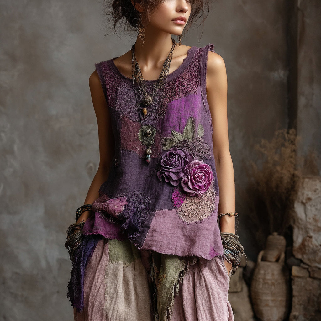 Vintage Purple Roses Lace Patchwork Linen Tank Top elevenforest