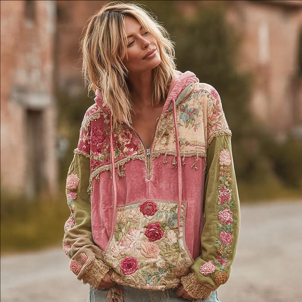Ladies' Vintage Multi-colored Floral Cotton And Linen Hoodie elevenforest