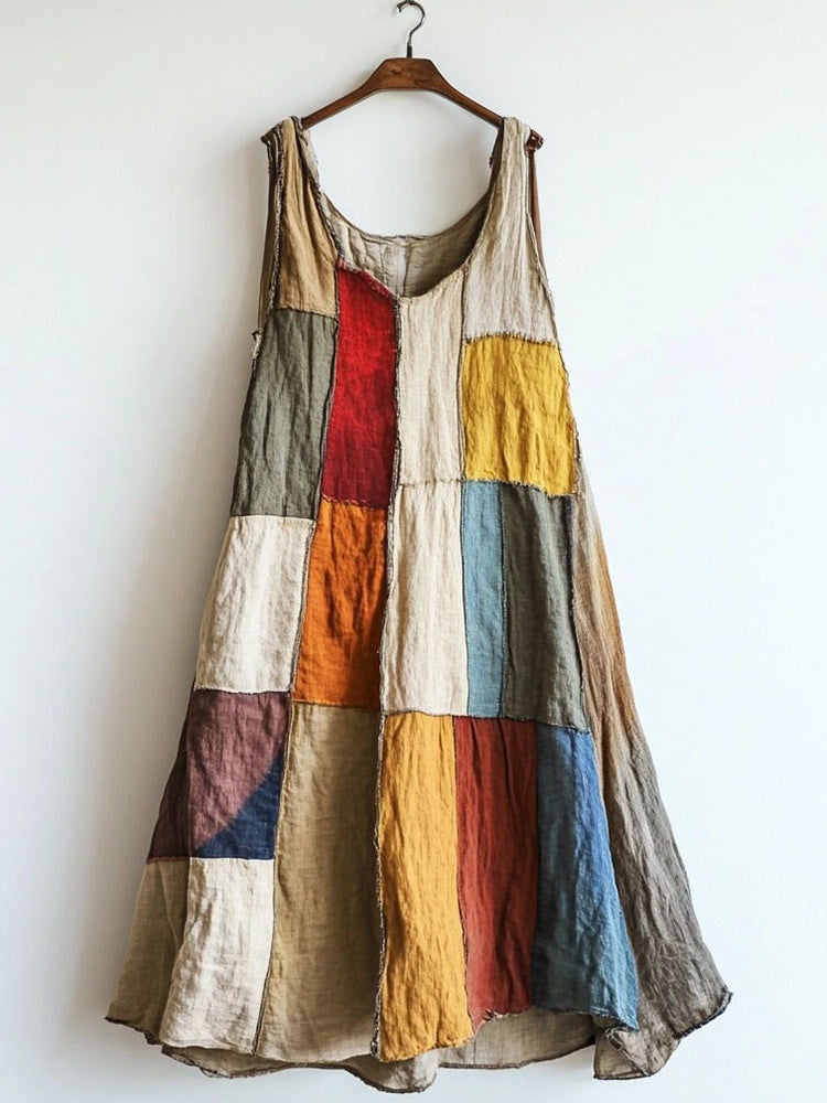 Patchwork Art Linen Blend Vintage Dress elevenforest