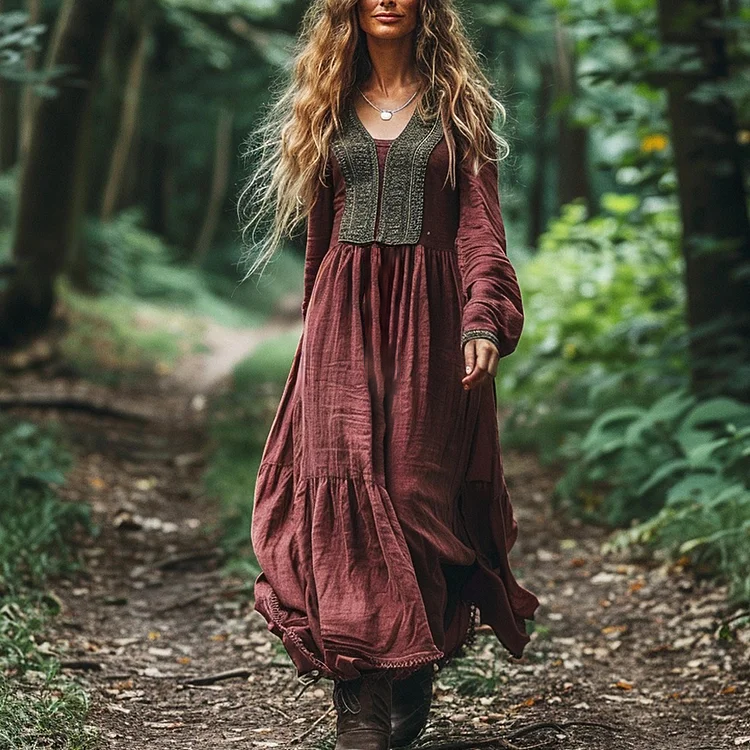 Women's Linen Bohemian Long-sleeve Casual Maxi Long V-neck Dress elevenforest