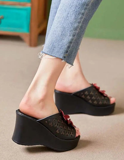 Leather Oriental Style Wedge Slippers