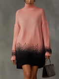 Pink Turtleneck Knitted Mini Dress With Black Gradient