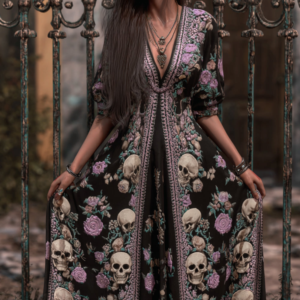 Women's Skull Print Pattern V-neck Long Dress elevenforest
