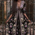 Women's Skull Print Pattern V-neck Long Dress elevenforest
