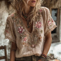 Women's Retro Floral Embroidered V-neck Short-sleeved Linen Blend T-shirt elevenforest