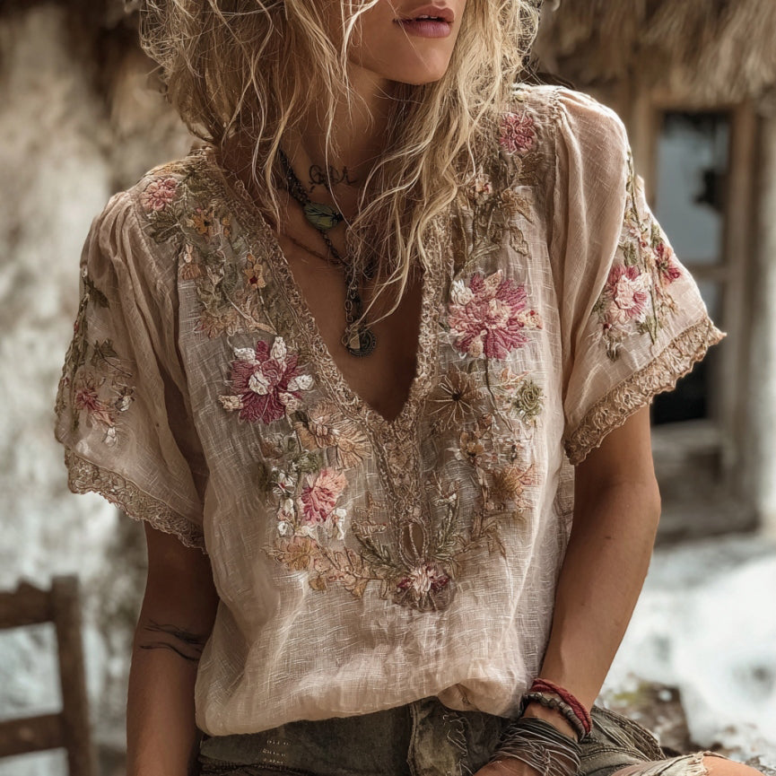 Women's Retro Floral Embroidered V-neck Short-sleeved Linen Blend T-shirt elevenforest