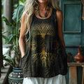 Women's Retro S Tree Of Life Art Sun And Moon Style Linen Sleeveless Tank Top elevenforest