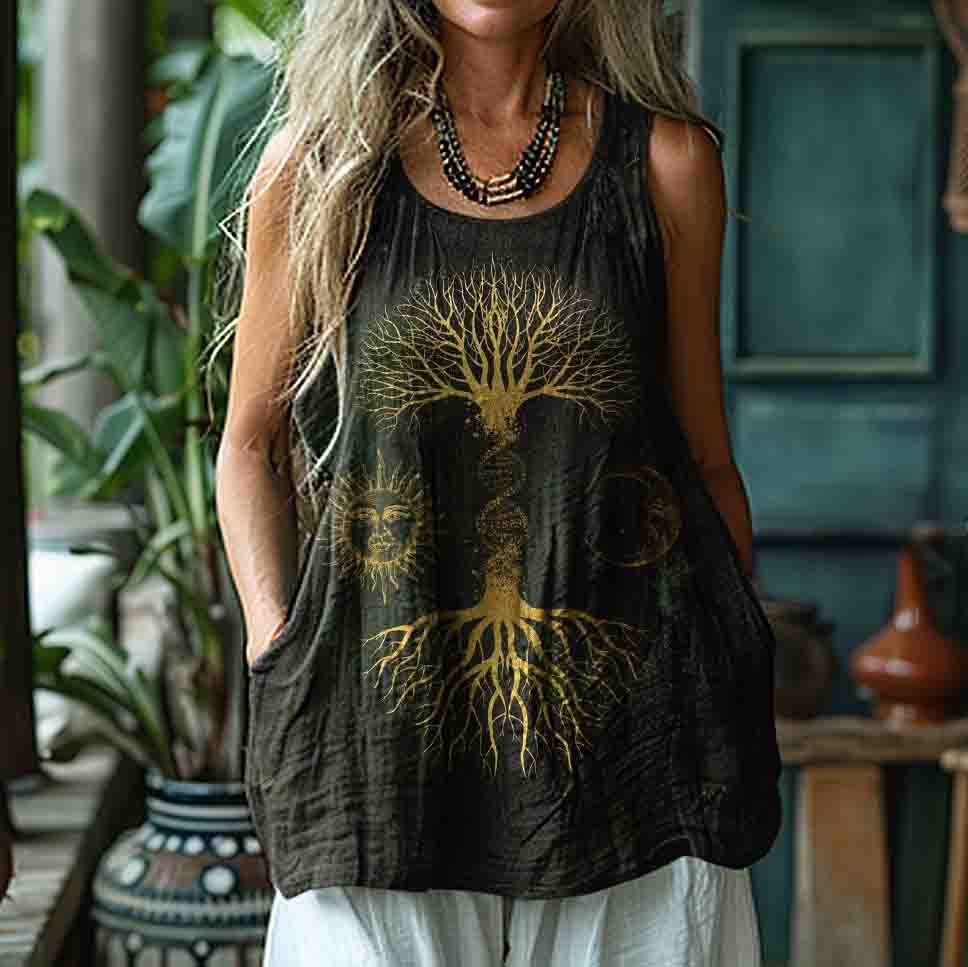 Women's Retro S Tree Of Life Art Sun And Moon Style Linen Sleeveless Tank Top elevenforest