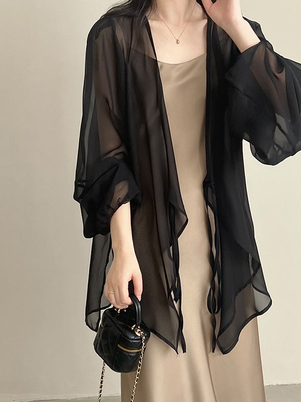 Bishop Sleeve Long Sleeves See-through Split-joint Tied Collarless Blouses&shirts Tops