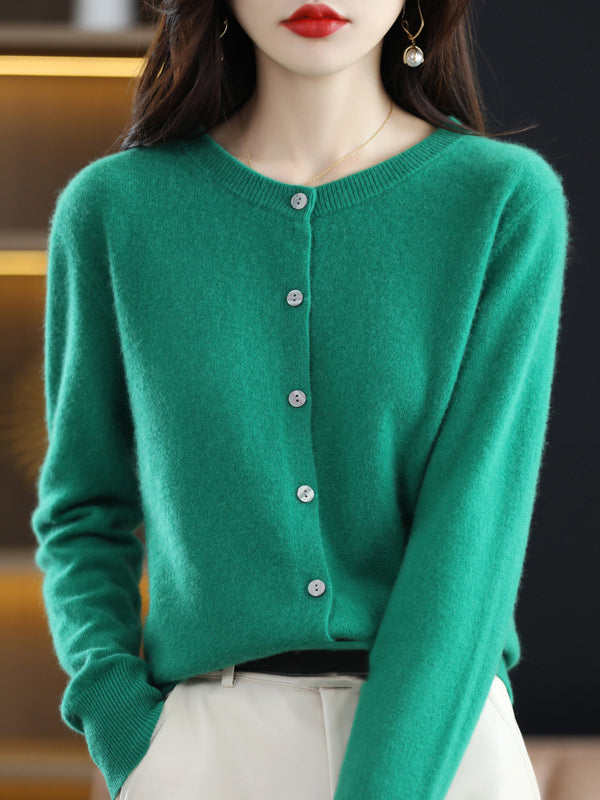 Long Sleeves Buttoned Elasticity Round-neck Cardigan Tops Knitwear