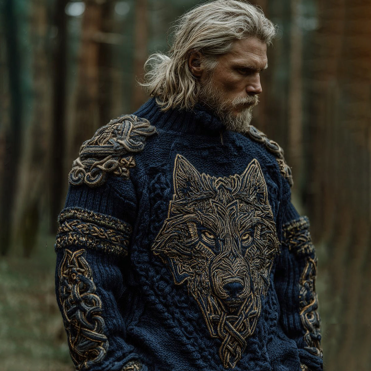 Men's Vintage Viking Wolf Pattern Knit Pullover Sweater elevenforest