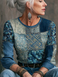 Hydrangea Geometric Vintage Women's Linen Long Sleeve Shirt elevenforest