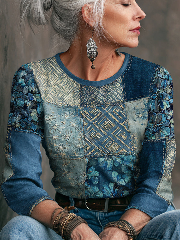 Hydrangea Geometric Vintage Women's Linen Long Sleeve Shirt elevenforest