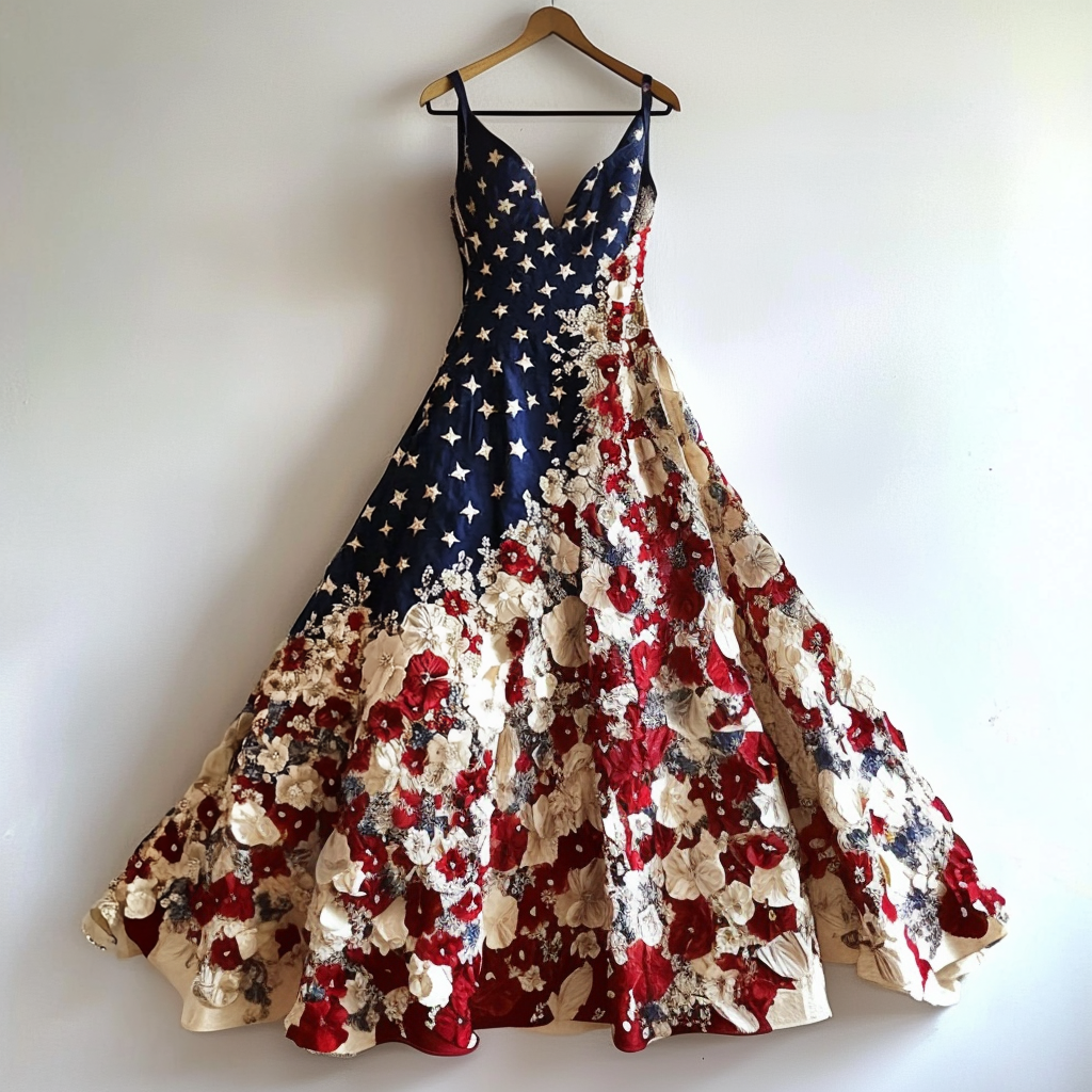 Women's Vintage Independence Day Flag And Floral Pattern Suspender Dress elevenforest