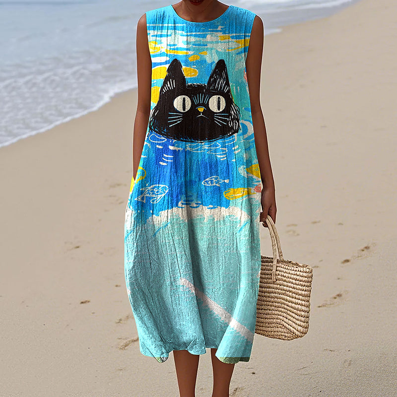 Abstract Creative Oil Black Cat Painting Art Linen Tank Dress elevenforest