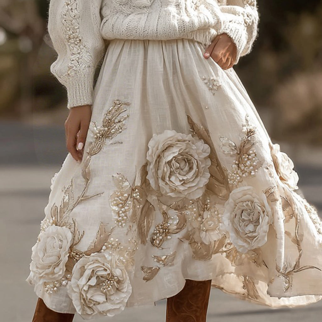Vintage Rose Pattern Cable Knit Sweater And Linen Skirt Two-piece Set elevenforest