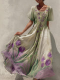 Vintage Purple Tulips Pattern Gradient Linen Maxi Dress elevenforest
