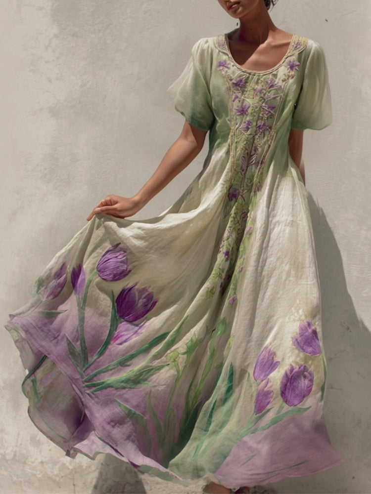 Vintage Purple Tulips Pattern Gradient Linen Maxi Dress elevenforest