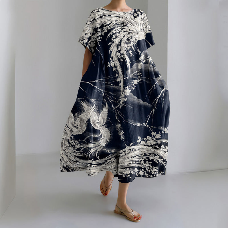 Women's Japanese Art Print Short Sleeve Loose Midi Dress elevenforest