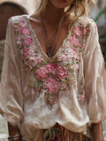 Bohemian Style Embroidered Rose Long Sleeved V-neck Retro Top elevenforest