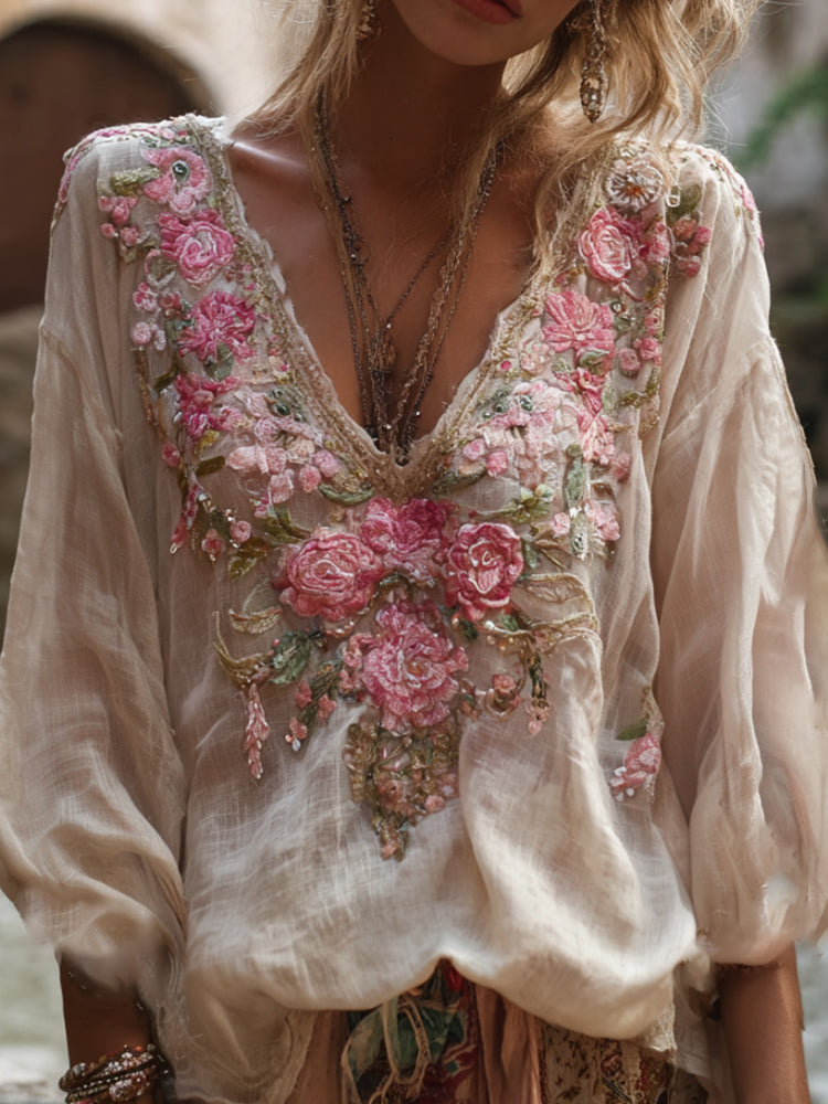Bohemian Style Embroidered Rose Long Sleeved V-neck Retro Top elevenforest