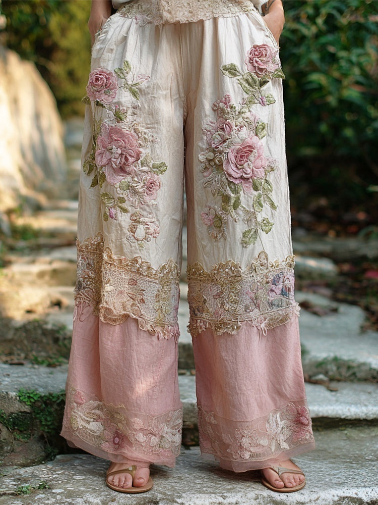 Boho Vintage Floral Lace Patchwork Art Women's Linen Trousers elevenforest