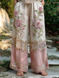 Boho Vintage Floral Lace Patchwork Art Women's Linen Trousers elevenforest