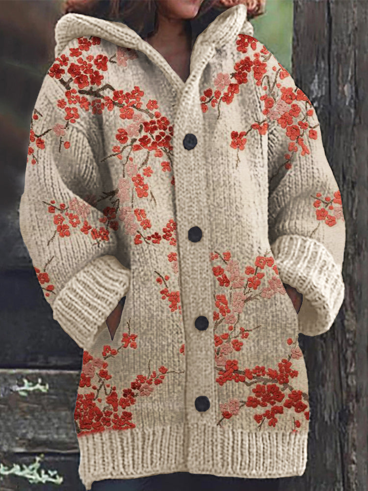 Classy Plum Blossom Velvet Art Cozy Hooded Cardigan elevenforest