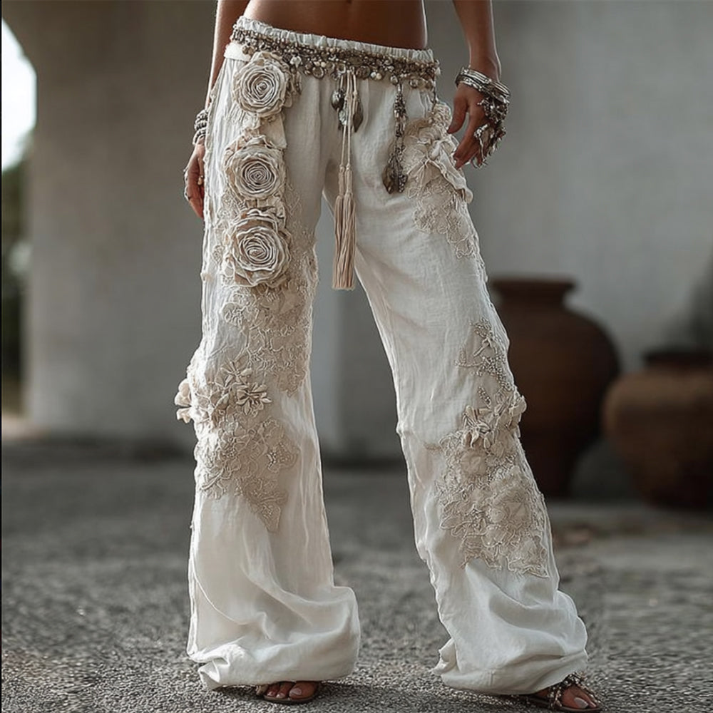 Women's Vintage White Rose-print White Long Pants elevenforest