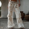 Women's Vintage White Rose-print White Long Pants elevenforest