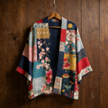 Japanese Art Style Patchwork Design Pattern Women's Retro Cotton And Linen Cardigan elevenforest