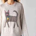 Comstylish Fun Floral Cat Knitted Embroidered Casual Sweater
