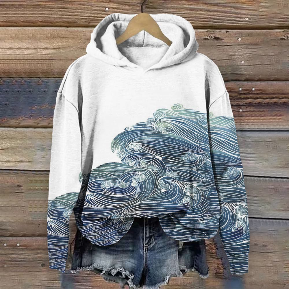 Japanese Art Gradient Wave Print Hoodie elevenforest