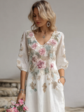 Bohemian Style Plant Flower And Butterfly Pattern Embroidery Women's Cotton And Linen Dress elevenforest