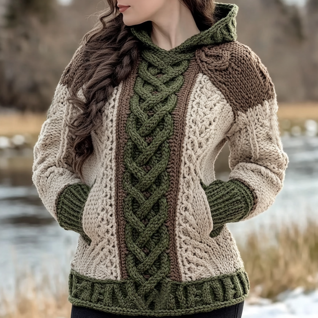 Women's Irish Celtic Knotted Jacquard Pocket Ireland's Hooded Sweater elevenforest
