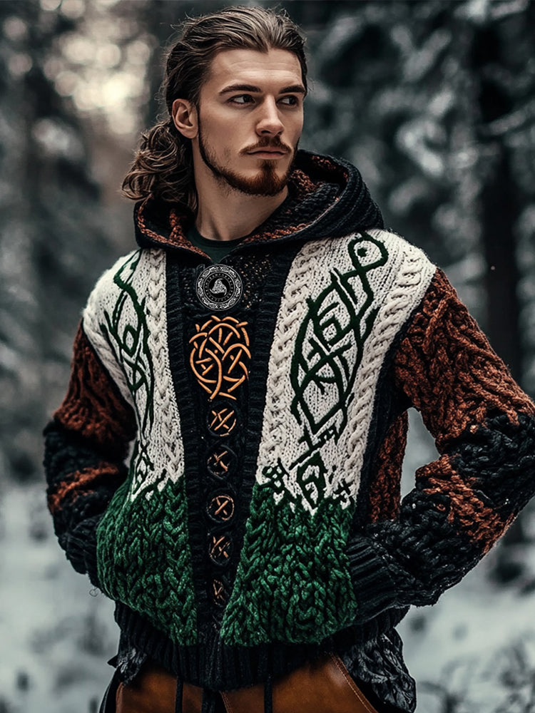 Vintage Viking Rune Patchwork Color Knitted Jacquard Crew Neck Hooded Sweater elevenforest