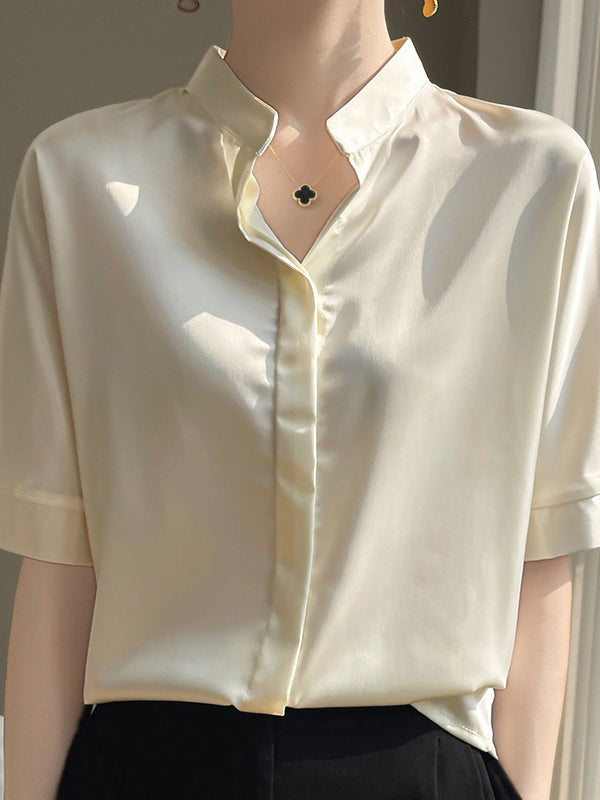 Loose Short Sleeves Buttoned Color Stand Collar Blouses&shirts Tops