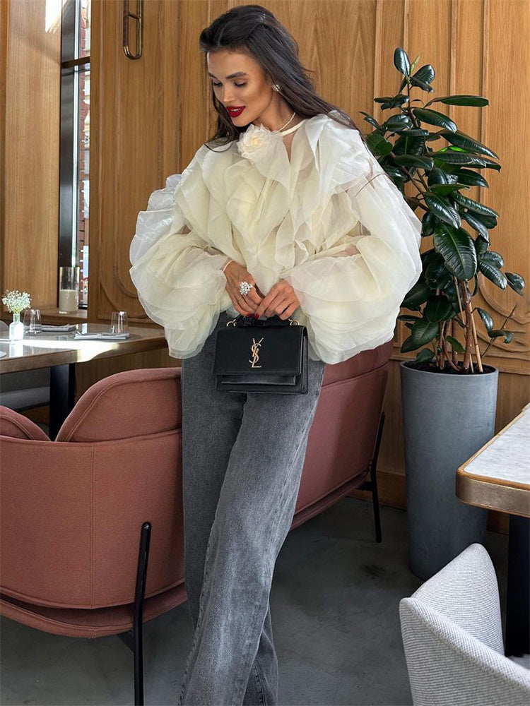 Tossy Patchwork Ruffled White Shirts for High Waist Long Sleeve Blouse Top