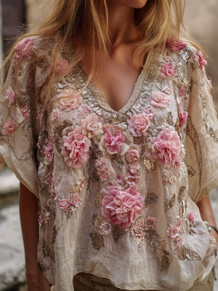 Bohemian Style Pink Flower Neckline Sequin Vintage Distressed V-neck Short-sleeved Shirt elevenforest
