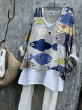 Comstylish Vintage Fish Japanese Art Linen Blend Flowy Tunic