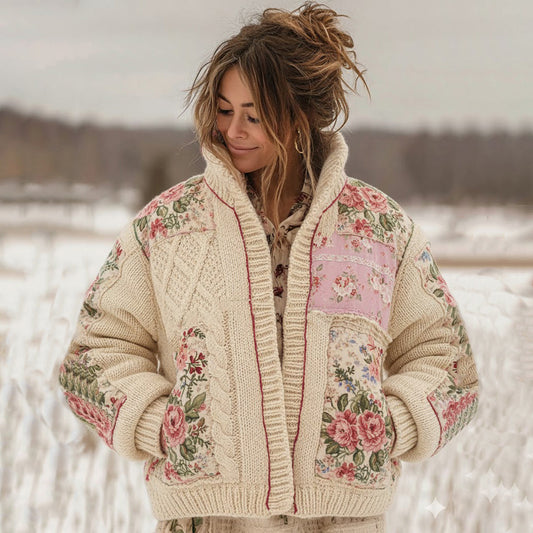 Women's Vintage Floral Patchwork Cozy Stand Collar Knit Sweater artswardrobe