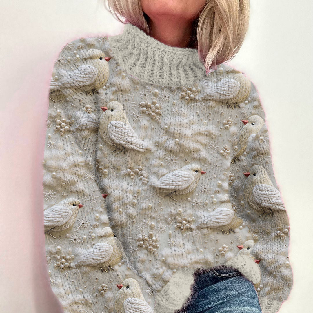 Comstylish Christmas Winter Bird Embroidery Knitted Turtleneck Sweater