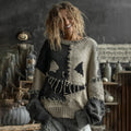 Women's Halloween Pumpkin Face Patchwork Cozy Knit Sweater elevenforest