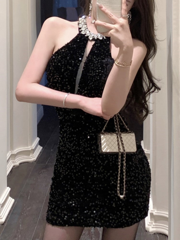 Halter Mini Dress Sleeveless Rhinestone Sequins Hollow Out New Summer Shiny Evening Party Dresses Slim Clubwear