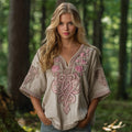 Women's Pink Rose Celtic Knot Art V Neck Linen Comfy T-shirt elevenforest