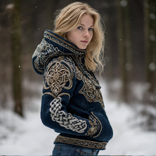 Women's Viking Style Navy Blue Hooded Sweater artswardrobe