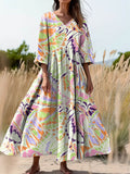 Women's Floral Art Print Flowy V-Neck Cotton Dress
