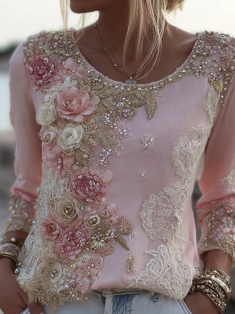 Boho Pink Floral Lace Round Neck Comfy Linen Tunic elevenforest