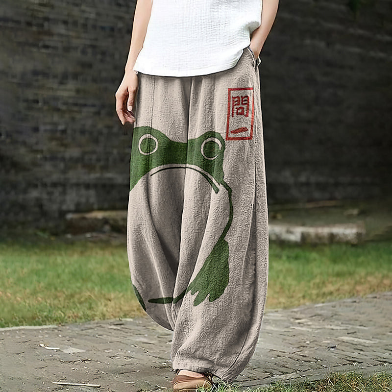 Casual Cute Frog Japanese Lino Art Painting Print Loose Pants elevenforest